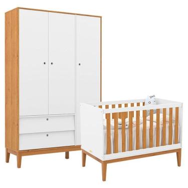 Imagem de Berço Americano e Guarda Roupa Unique 3 Portas Branco Soft Freijó Eco Wood - Matic