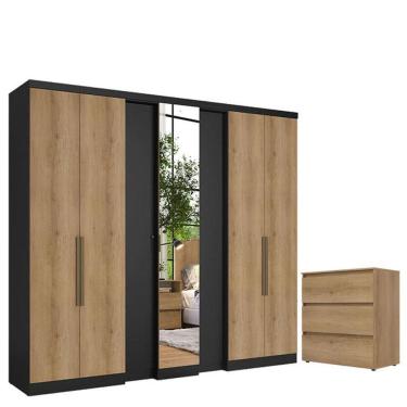 Imagem de Guarda Roupa Casal Selecto Glass 7 Portas Preto Capuccino e Cômoda Gaveteiro Condessa C...