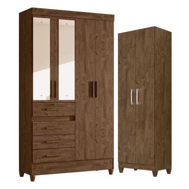 Imagem de Guarda Roupa Solteiro Sobral com Espelho e Armário Multiuso New Íris Castanho Wood - Moval