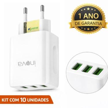 Imagem de Kit 10 Fonte Carregador 3 Usb Rápido 5.1a Original Inova, Branco