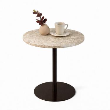 Imagem de Mesa Lateral Atría Base laca marrom Redonda Tampo Mármore Travertino