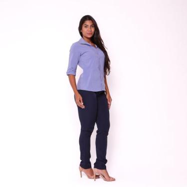 Imagem de Camisete Feminina Desenvolvida em Tecido de Poplin Azul Manga 3-4 - Bl