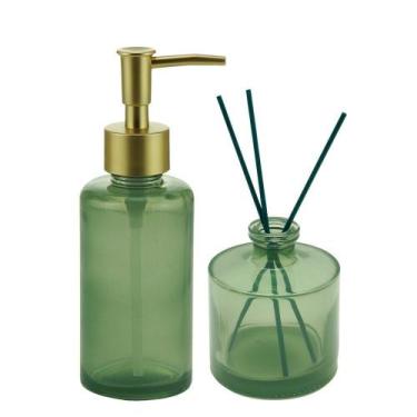 Imagem de Cj 2pc Porta Sabonete Líquido Difusor Vidro 3 Palitos Verde - rojemac