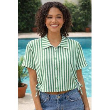 Imagem de Blusa Feminina Listrada com Botões e amarração lateral Manga Curta - J