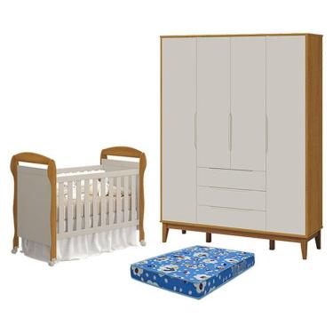 Imagem de Kit Berço Americano Danny com Colchão Ortobom e Guarda Roupa 4 Portas Elfe Classic MDF Areia Savana Reller