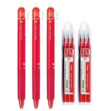 Imagem de Pilot FriXion Ball Knock Canetas de tinta de gel apagáveis retráteis, ponta extrafina, 0,5 mm, tinta vermelha, 3 canetas e 6 refis conjunto econômico
