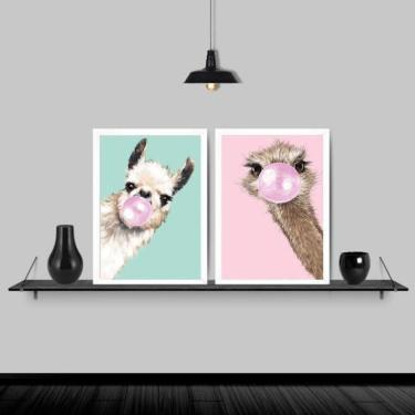 Imagem de Kit 2 Quadros Lhama E Avestruz Chiclete 33X24 Moldura Branca