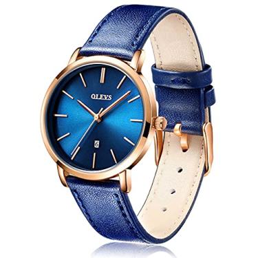 Imagem de OLEVS Relógios para mulheres, relógios de pulso à prova d'água, analógico, de quartzo, ultrafinos, pulseira de couro com relógios de data e calendário, presentes para mulheres, Pulseira de relógio azul com bisel em ouro rosa e mostrador azul