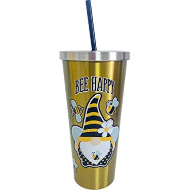 Imagem de Spoontiques - Copos de aço inoxidável - Copos talheres isolados de parede dupla de 680 g com forro acrílico livre de BPA - Tampa com trava de torção com palha coordenada de cor - Copo inoxidável de gnomo de abelha