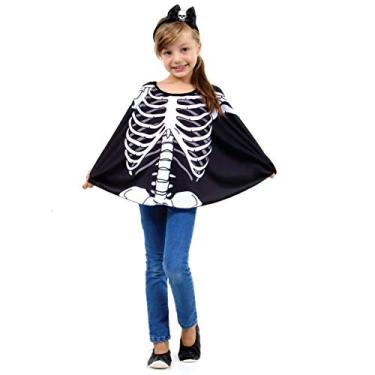 Imagem de Fantasia Poncho Caveira Infantil 930201-m Sulamericana Fantasias Preto/branco 6/8 Anos