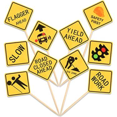 Imagem de 100 Peças Construção Cupcake Topper Sinal de Estrada Toppers de Bolo de Aniversário Toppers Tema de Construção Decorações de Bolo Construção Palhetas de Sinal de Estrada para Crianças Artigos de Festa de Aniversário