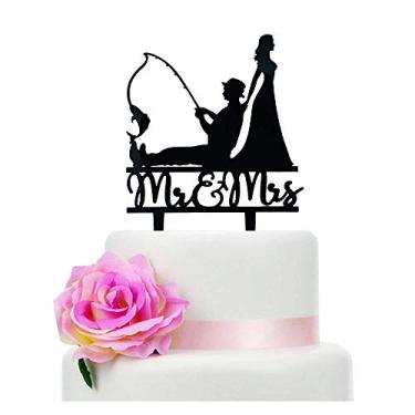 Imagem de Jimhamhug Topo de bolo de casamento, decoração divertida de bolo de noiva e noivo, tema de pesca, casamento, noivado, chá de panela, decoração de bolo de aniversário