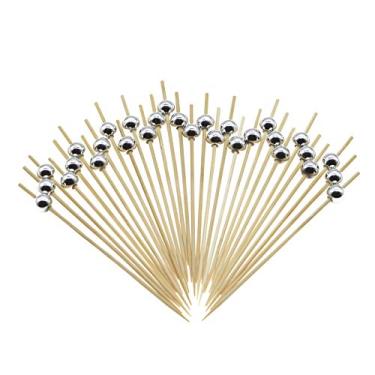 Imagem de Minisland Palitos de coquetel de pérola prateada, palitos de bambu chiques de 12 cm de comprimento para aperitivos e bebidas, palitos decorativos de espeto de charcutaria, comida de Natal, 100