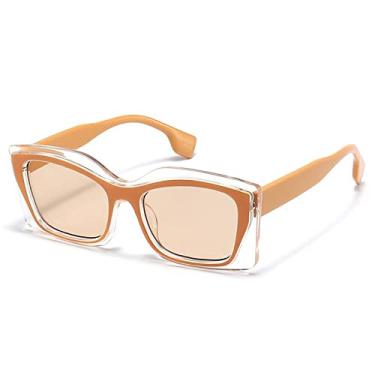Imagem de Óculos de sol de olho de gato retangular de retalhos vintage para mulheres moda moldura de cor dupla óculos de sol gradiente de polígono branco, chá chá, sem estojo