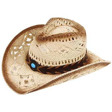 Imagem de Simplicity Chapéu de palha de cowboy infantil para festa com faixa de cabeça decorada, Two-toned Brown Trim With Turquoise Gem, One Size