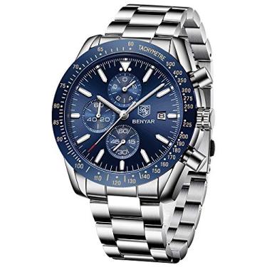 Imagem de BENYAR – Relógio de pulso masculino com pulseira de silicone, movimento de quartzo, à prova d'água e resistente a arranhões, cronógrafo analógico de negócios, presente masculino, Prateado, azul,