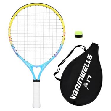 Imagem de vgainwells Raquete de tênis infantil de 43 a 58 cm para crianças de 2 a 9 anos, leve e durável, incluindo 1 fita de substituição e 1 raquete de tênis infantil (amarelo + azul)
