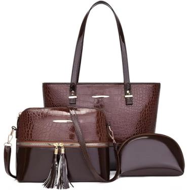 Imagem de Conjunto de bolsa feminina de couro com borlas bolsa de ombro bolsa de mão carteira bolsa mensageiro conjunto de 3 peças, Marrom, One Size