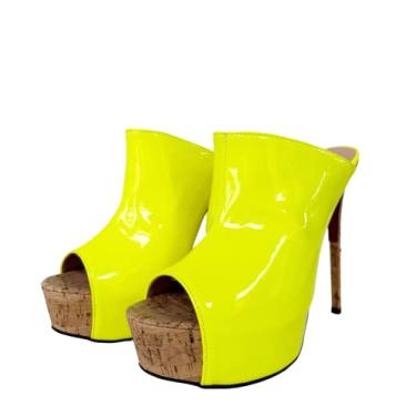 Imagem de Frankie Hsu Sandália feminina sexy plataforma stiletto salto alto, moda amarelo neon patente madeira de carvalho estilo designer, tamanho grande grande EUA 4-19 sapatos unissex para mulheres homens,
