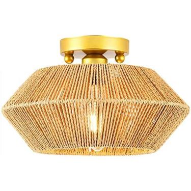 Imagem de Luminária de teto de vime vintage com montagem semi-embutida, luminária de teto com montagem semi-embutida, feita à mão, boho, perto do teto, luminárias para quarto, cozinha, entrada, sala d