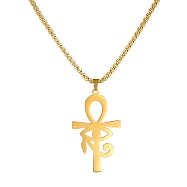 Imagem de EUEAVAN Colar com pingente de olho de Hórus egípcio cruz chave da vida corrente Ankh Fígaro corrente Ugarte ouro religioso joias de aço inoxidável, Aço inoxidável, Sem Pedra Preciosa