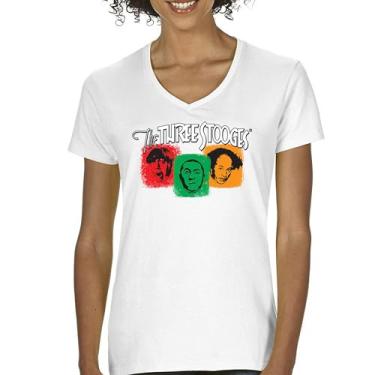 Imagem de Camiseta feminina colorida com gola V The Three Stooges Funny 3 Wise Guys Curly Moe Larry Shemp Classic Retro American Legend Tee, Branco, G