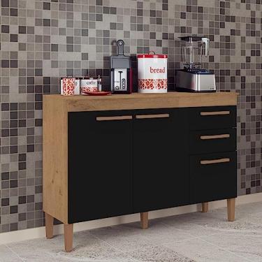 Imagem de Balcão Modena Gabinete Armário Organizador Para Cozinha 3 Portas 2 Gavetas Marrom e Preto Fosco