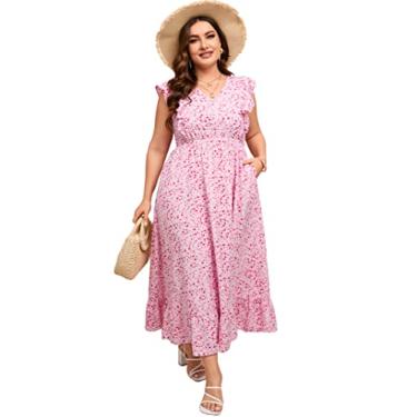 Imagem de KOJOOIN Vestido feminino plus size de verão com bolso com babados, sem mangas, decote em V, fenda lateral, vestido longo de praia, Flor vermelha rosa - 1, 4G