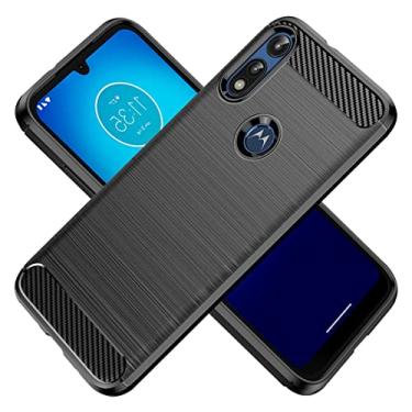 Imagem de KOARWVC Capa de celular para Moto E 2020, XT2052DL, capa de fibra de carbono, à prova de choque, resistente, antiarranhões, capa traseira de TPU macio para Motorola Moto E 2020 (preto)