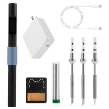 Imagem de FEITA Kit de ferro de solda PTS200 para eletrônicos, mini lápis digital inteligente de 100 W, modo de impulso de caneta de solda, com 3 pontas de solda, 1 fio de solda, 1 suporte de solda pequeno, 1