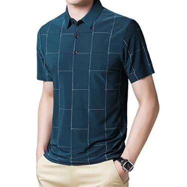 Imagem de Polos de golfe masculinos poliéster listra tênis camiseta rápida umidade wicking seco colarinho leve manga curta moda ao ar livre(Color:Blue,Size:XL)