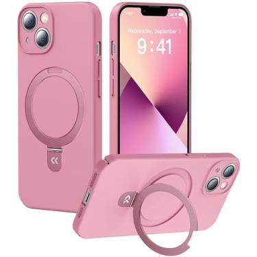 Imagem de CASEKOO Capa para iPhone 13 rosa com suporte magnético invisível, compatível com MagSafe, protetor de lente de 360°, capa de plástico rígido ultrafina fina para mulheres homens capa de telefone iPhone 13 6,1 polegadas