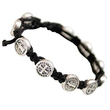 Imagem de Pulseira de tecido São Bento | Santo Padroeiro dos Estudantes e da Europa | Comprimento ajustável | Dez contas de medalha de São Bento | Cordão durável e estrutura forte | Escolha entre preto ou