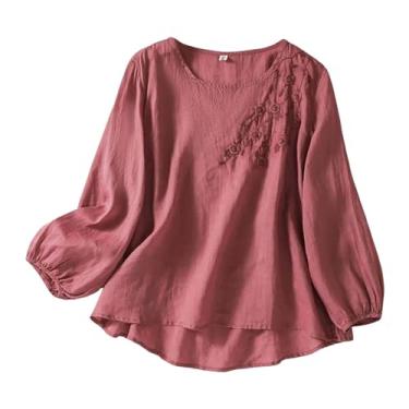 Imagem de Camiseta de linho para mulheres, gola redonda, bordada, cor sólida, folgada, manga comprida, camiseta casual, Vermelho, GG