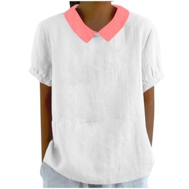 Imagem de Camisetas femininas de linho para negócios elegantes blusas casuais manga curta Color Block camisas soltas camisetas estampadas 2024, Laranja, M