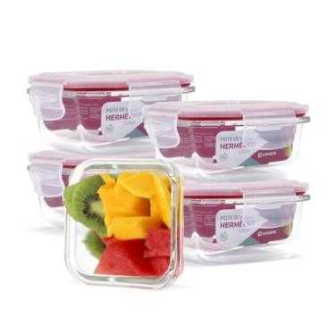 Imagem de Kit 5 Potes Vidro Hermético Quadrado Trava 320ml Marmita (Vermelho)