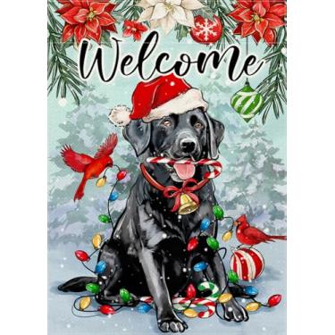 Imagem de Covido Welcome Christmas Black Labrador Dog Decorative Garden Flag, Xmas Winter Pet Cardinal Poinsétia Yard Decorações Externas Presentes para Amantes de Cachorros, Feriado ao Ar Livre Pequena