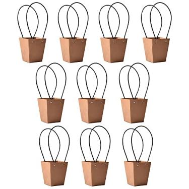 Imagem de STKMELON Sacos de presente de flores de papel kraft - Sacos de papel marrom à prova d'água com alça - Pacote com 10 para dia de Ação de Graças, aniversário, lembrancinhas de festa de casamento