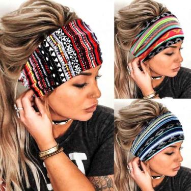 Imagem de Aceorna Faixas de cabelo Boho com nó largo turbante elástico leopardo torcido cabeça envoltórios de tecido yoga sweartband acessórios de moda para mulheres e meninas 3 peças (conjunto A)