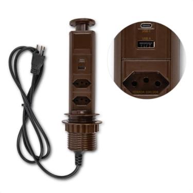 Imagem de Torre De Tomada Bivolt Retrátil Filtro De Linha, Régua De Energia Vertical De Escritório, Sala, Sofá, Quarto Bancada Cozinha Garagem 2 Tomadas 20 Amperes com Entrada USB A e USB C (Marrom)