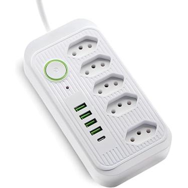 Imagem de Extensão 5 Tomadas Filtro de Linha Régua de Energia Elétrica Cabo 2 Metros 4 USB e 1 USB-c Bivolt 110-220V Potência de 2500W e Carregamento Inteligente Premium
