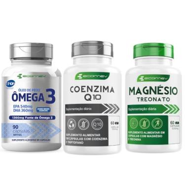 Imagem de Kit Coenzima Q10 + Magnesio Treonato + Omega 3 Ultra 1360Mg Epa Dha Cert. Importado Pureza IFOS 210 Cáps
