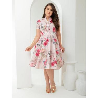 Imagem de Vestido Midi Soltinho Floral Elegante Gode com Cinto - Fashion, Rose, 