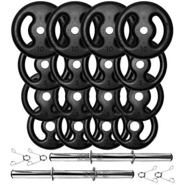 Imagem de Kit 80Kg Anilhas de Ferro com Barras Ocas de 40cm e Presilhas - SEPO