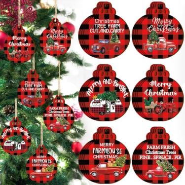 Imagem de 24 peças enfeites de caminhão vermelho de natal búfalo xadrez decoração de natal casa de fazenda pendurada etiquetas de madeira redondas vintage placa de caminhão vermelho para férias em família festa de natal artesanato (estilo xadrez)