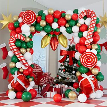 Imagem de DBKL Kit de arco de guirlanda de balões de Natal, 152 peças com balão de Natal vermelho dourado branco verde escuro caixa de presente de bengala de doces, balão de alumínio para decorações de festa de