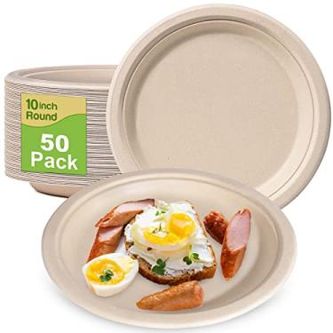 Imagem de Pacote com 50 placas de papel resistentes descartáveis compostáveis 25 cm a volume, placas biodegradáveis ecológicas naturais de bagaço, placas de papel grandes resistentes ao micro-ondas marrom