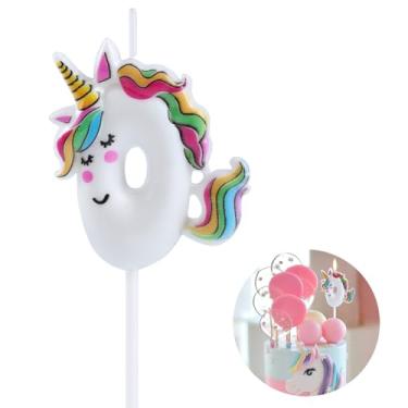 Imagem de EAKE Vela de aniversário de unicórnio número 0 decoração de topo de bolo de unicórnio para artigos de festa de feliz aniversário, unicórnio dormindo 0 com cores vivas de arco-íris