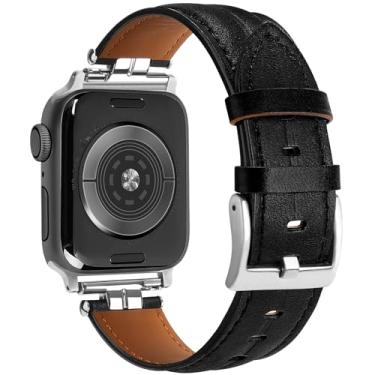Imagem de mxiixnai Pulseira de couro compatível com Apple Watch séries 10/9/8/7/6/5/4/3/2/1/se/Ultra/Ultra 2 (49 mm, 46 mm, 45 mm, 44 mm, 42 mm, preto/prata)