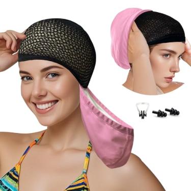 Imagem de Lynllsh Touca de natação de tecido de poliuretano, touca de natação com rede de cabelo, touca de natação longa, touca de proteção de cabelo para mulheres, meninas, homens